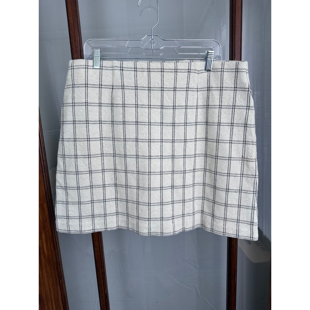 J.Jill Plaid Mini Skirt Cream Black Elastic Windowpane Cotton Blend Large Petite